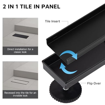 12 Inch Linear Shower Drain Matte Black, Rectangular Reversible 2 in 1 Tile Insert Grate, 304 Stainless Steel Shower Floor Drain Kit, Hair Catcher, Leveling Feet - color: Matte Black, size: 3"x 12"-Tile Insert