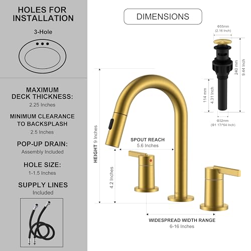 Brushed Gold Pull Down Widespread Bathroom Faucet 2 Handle 3 Hole | Pull Out Bathroom Faucet with Pop Up Drain & Supply Lines, Lead-Free cUPC & NSF Certified, 8 Inch Faucet for Vanity RV Sink - color: Brushed Gold