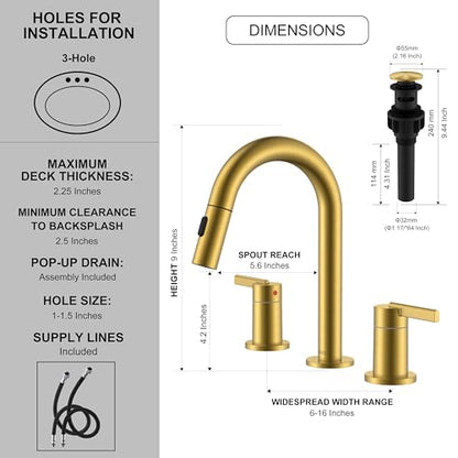 Brushed Gold Pull Down Widespread Bathroom Faucet 2 Handle 3 Hole | Pull Out Bathroom Faucet with Pop Up Drain & Supply Lines, Lead-Free cUPC & NSF Certified, 8 Inch Faucet for Vanity RV Sink - color: Brushed Gold