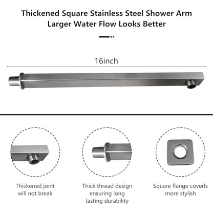 Rain Shower Head Brushed Nickel with Extension Arm 12 Inch Square Shower Head with 16 Inch Shower Arm Large Stainless Steel Rainfall Showerhead Waterfall Full Body Coverage by GGStudy - color: Brushed Nickel, size: 12inch