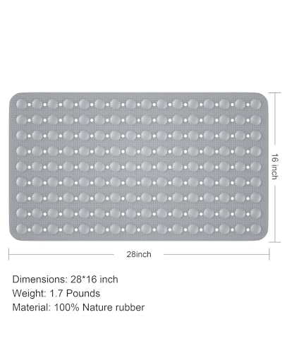 Bath Mat for Tub Shower Mat Non Slip Kids Rubber Shower Tub Mat, 100% Natural Rubber no Plastic Odors Perfect for Baby and Elder, Strong Suction Cups, Textured Mat Surface, 28 X 16 inches, Grey - color: Grey With Drain Holes