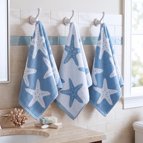 Chumia 3 Pack Coastal Bathroom Towels, Starfish Embroidered Hand Towel Set, 15.75 x 23.62 Inch Cotton Jacquard Washcloth, Soft Decorative Gift for Summer Holiday Beach Home Bathroom Kitchen Decor