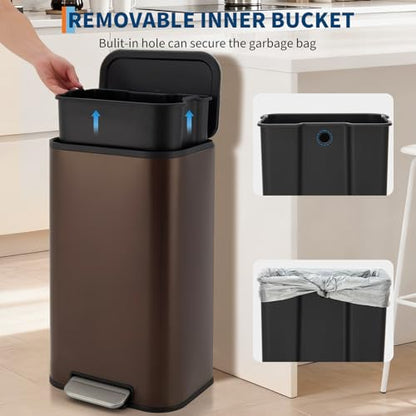GarveeHome 8 Gal Kitchen Trash Can, Stainless Steel Garbage Can, Brown | Soft Close Lid, Hands-Free Foot Pedal, Removable Inner Bucket, Rectangular Step On Waste Bin for Home Office Living Room - color: Brown, size: 30 L