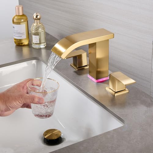 LED Light Widespread Bathroom Faucets for Sink 3 Hole Waterfall Brushed Gold-Bathroom Faucet with Pop-up Drain Assembly, 8 Inch Bathroom Sink Faucet 2-Handles,Modern Lavatory Vanity Faucet - color: Brushed Gold