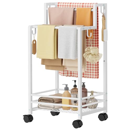 Gewudraw Free Standing Towel Rack,4-Tier Outdoor Towel Rack for Pool,White | Pool Towel Rack, Blanket Stand with Shelf, Bathroom Towel Drying Rack with 4 Hooks, Rust-Resistant Drying Rack Indoor/Outdoor - color: White