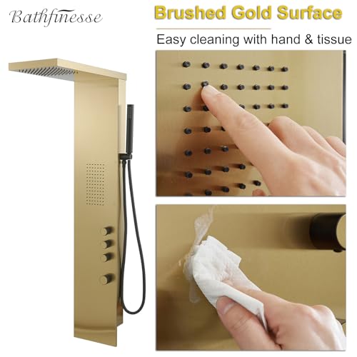 Brushed Gold Shower Panel Tower System Bathroom Wall Mount | Rain Shower Head with Body Jet Massage and Rainfall Hand Shower,High Pressure Large Area,Flexible Shower Hose,Stainless Steel - color: Brushed Gold, style: Shower Panel-Standard