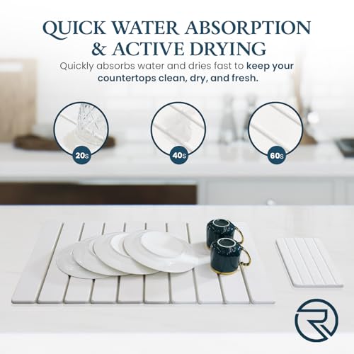 Stone Drying Mat for Kitchen Counter 24"×16"with Water Absorbent Coaster | Foldable Quick Dry Mats for kitchen Dishes, Non Slip Quick Drying Diatomaceous Earth For Any Countertop