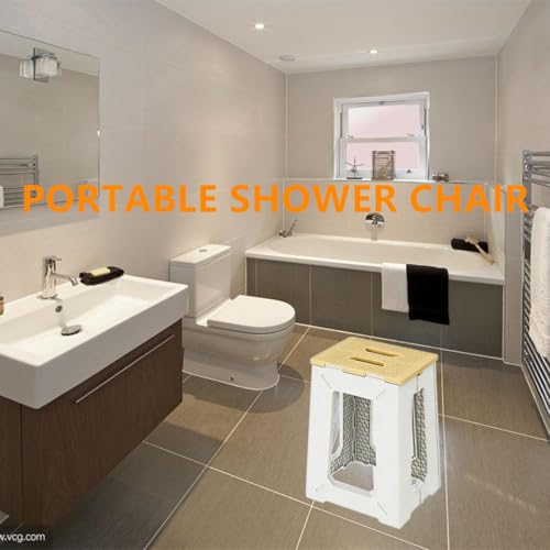 Foldable Shower Bath Safety Chair Seat Stool, Yellow 17.7 Inch High Anti-Slip Bench Bathtub Stool for Elderly or Seniors