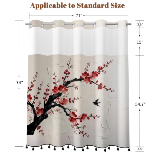 Plum Blossom Shower Curtain with Snap in Liner & Tassels, 71Wx77L | No Hook Needed, Double Layer Waterproof Fabric with Mesh Top, Flowering Tree Design for Minimalist & Zen Inspired Bathroom - color: Red Plum Blossom