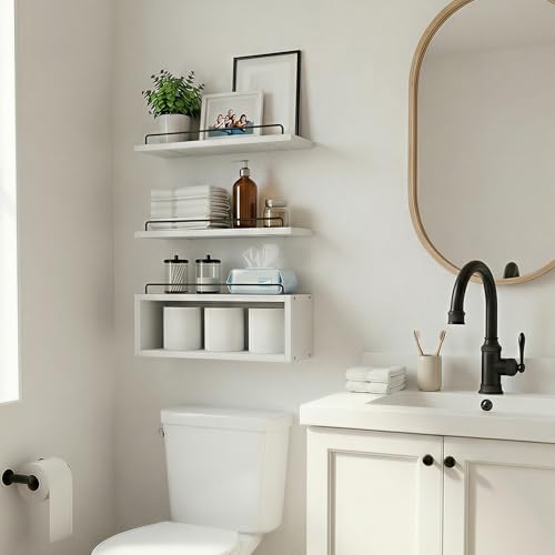 LANDNEOO Floating Shelves for Wall with Cube Shelf, Set of 3 Wood Bathroom Shelves Over Toilet for Storage, Wall Mounted Organizer with Metal Rail for Restroom Decor and Toilet Paper, White