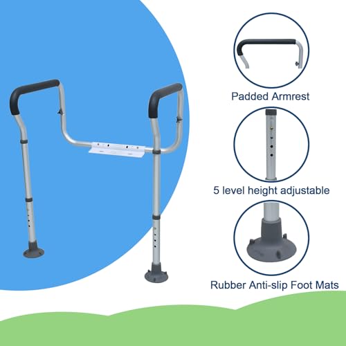 Toilet Handle Safety Rail for Senior, Aluminum Toilet Safety Frame | 250-lb. Capacity, Padded Armrests, 26" to 30" Adjustable Height, 19.7" to 24.6“ Adjustable Width