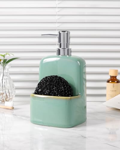 BosilunLife Dish Soap Dispenser - Sage Green Ceramic Kitchen Soap Dispenser with Sponge Holder Matte Ceramic Soap Daddy Dispenser 20oz for Kitchen Soap Pump and Sponges Caddy - color: Sage Green