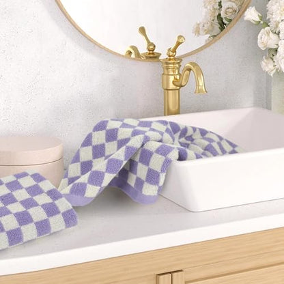 Wash Cloths Checkered 4 Pack (Lilac) - Cotton Washcloths for Face Body | 13 x 13 Inches Daily Cleansing Kitchen Towels - color: Lilac