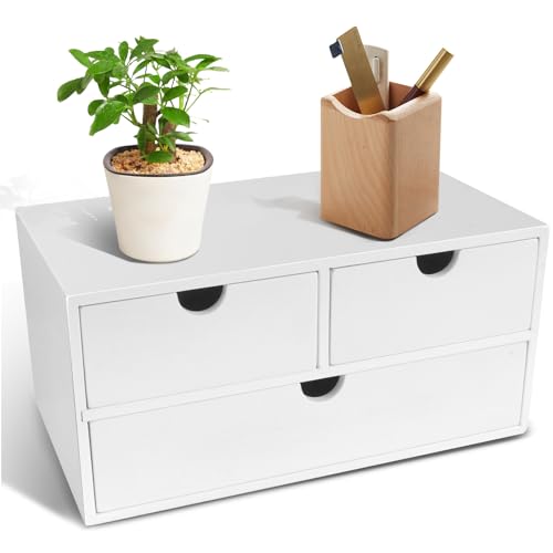 Charmewooden desk organizer with drawers countertop drawer organizer Tabletop Storage Organization Box Home Office Workspace Bathroom Toiletries Supplies (white) - color: White