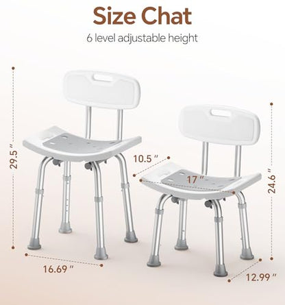 SOUNDFUSE Shower Chair for Inside Shower with Back, Tool-Free Assembly, Height Adjustble Shower Seat with EVA Cushion and Non-Slip Feet, Support Up to 350 lbs, Grey
