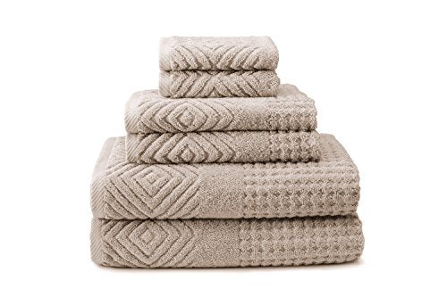 Texere 100% Organic Cotton Diamond Jacquard 700 GSM Luxury Bath Towel Sets - 2 Large Bath Towels, 2 Hand Towels, 2 Washcloths (Diamond, Oxford Tan, 6 Piece) - color: Oxford Tan (Diamond)