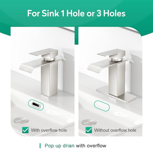 CREA Waterfall Bathroom Faucet 1 Hole,Brushed Nickel Bathroom Faucet Single Handle Bathroom Sink Faucet with Pop Up Drain Stopper/ 3 Hole Plate,Stainless Steel RV Vanity Faucet Basin Mixer Tap - color: Brushed, style: Wide Spout