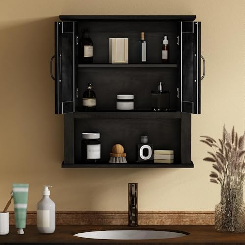 ChooChoo Wood Bathroom Wall Cabinet with Door, Black Medicine Cabinet | Rustic Over The Toilet Storage Cabinet, Adjustable Shelf, Open & Concealed Storage, 7.5 x 21.6 x 24 Inches - color: Black