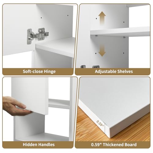 Wall Mounted Storage Cabinet with LED Light, Bathroom Over Toilet Organizer | White Waterproof Cabinets With Adjustable Shelves, Soft Close, For Bathroom Kitchen Medicine Small Spaces, Easy to Assemble - color: White