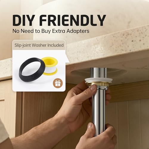 KES Polished Chrome Bathroom Sink Drain with Extended Thread, All Metal Pop Up Drain Stopper without Overflow for Thicker Vessel Sinks and Countertops, Brass and Stainless Steel, S2022D-CH - color: Polished Chrome, style: NO Overflow, Long Thread