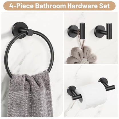 Black Bathroom Hardware Set, 4-Piece Towel Holder Set Include Double Bases Toilet Paper Holder,Towel Ring and 2 Towel Hooks Stainless Steel Wall Mounted Bathroom Hardware Accessories Set - color: Matte Black, size: Set B
