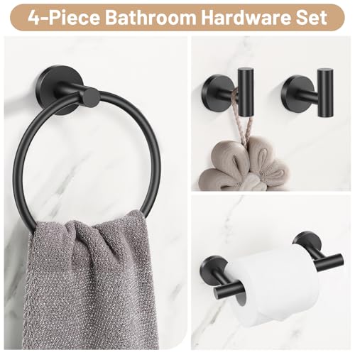 Black Bathroom Hardware Set, 4-Piece Towel Holder Set Include Double Bases Toilet Paper Holder,Towel Ring and 2 Towel Hooks Stainless Steel Wall Mounted Bathroom Hardware Accessories Set - color: Matte Black, size: Set B