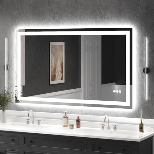 USHOWER 60x36 Inch LED Bathroom Mirror for Over Sink | Tempered Glass - Frameless Backlit Lighted Mirror for Bathroom Vanity with Anti-Fog, 3 Colors Dimmable, Memory Function - size: 60"L x 36"W