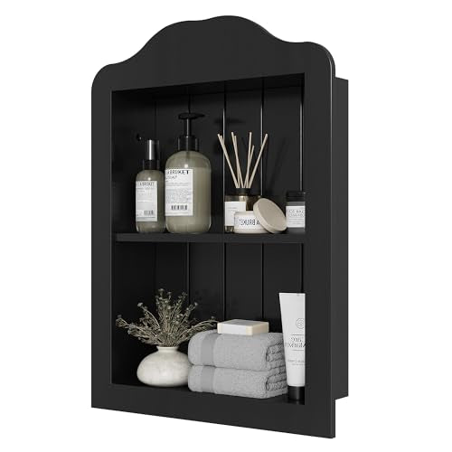 CJL 14"x18" Recessed Medicine Cabinet, Solid Wood Bathroom Niche Cabinet | In-Wall Wall Shelf, Victorian Style, 2-Tier Storage, Fully Assembled, Black Finish - color: Black, size: 14"x18.1"x3.75"