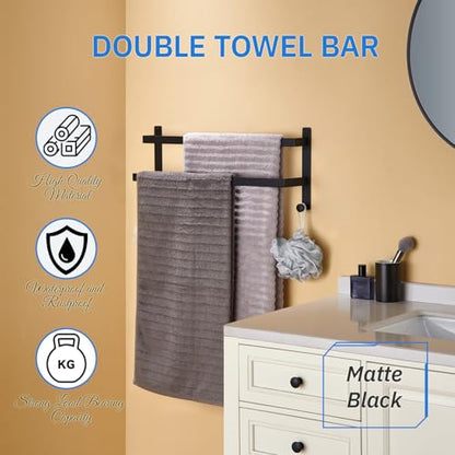 24 Inch Double Towel Bar with Hooks Matte Black, Stainless Steel Bath Shower Towel Rack Wall Mounted Towel Rod Holder for Bathroom - color: Matte Black, size: 24-Inch