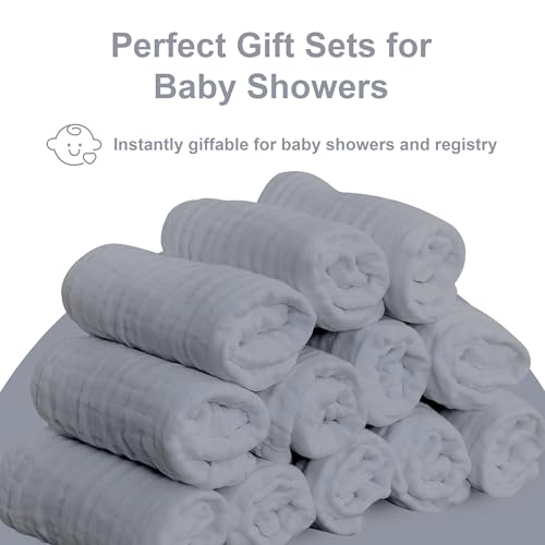 SWEET DOLPHIN 12 Pack Baby Muslin Washcloths - Soft Face Cloths for Newborn, Absorbent Bath Wash Cloths, Wipes, Burp Rag - Toddlers Essentials Stuff, Baby Registry as Shower -10"x10", Grey