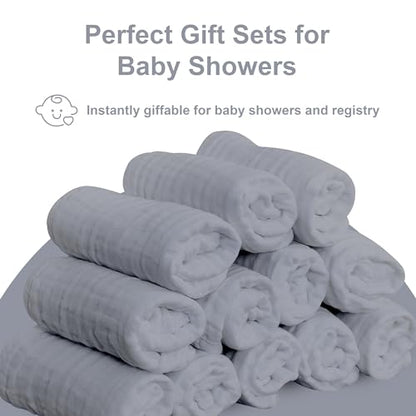 SWEET DOLPHIN 12 Pack Baby Muslin Washcloths - Soft Face Cloths for Newborn, Absorbent Bath Wash Cloths, Wipes, Burp Rag - Toddlers Essentials Stuff, Baby Registry as Shower -10"x10", Grey