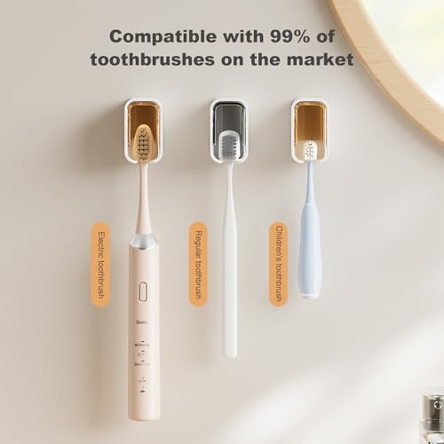 ROOM127 Wall Mounted Toothbrush Holder Set with Toothpaste Dispenser, Gray | 3-Piece Set with 2 Covered Holders, Automatic Toothpaste Squeezer and Ventilated Storage for Manual or Electric Brushes - color: Gray