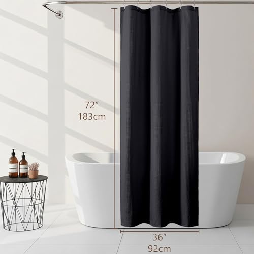 Black Stall Shower Curtain 36 x 72 Inch, Textured Soft Fabric Waffle Narrow Size Modern Shower Small Curtain for Bathroom Hotel, Machine Washable, Water Resistant, 36Wx72L Inches - color: Black, size: 36"W x 72"L (Pack of 1)
