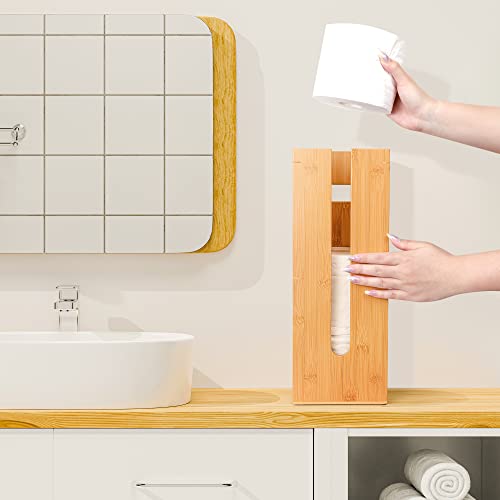 GOBAM Bamboo Toilet Paper Storage - Fits 3 Mega Toilet Paper, Bathroom Organizer, Toilet Paper Holder Stand, Bamboo Bathroom Accessories - Natural, 5.9 x 5.9 x 16.1 inches - size: 3 Roll - Square