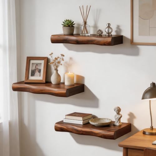 Solid Wood Live Edge Floating Shelves Set of 2 – 12" Rustic Wall Shelf with Hidden Bracket System, Wall Mounted Shelves for Bathroom, Kitchen, Living Room, Bedroom (Walnut) - color: Walnut, size: 12inch