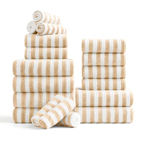 18-Piece Microfiber Bath Towels Set - 6 Bath Sheet, 6 Hand Towels, 6 Washcloths, Soft, Highly Absorbent Bathroom Towel, Quick Dry & Less Lint Shower towel for Bathroom, Hotel, Spa, Dorm-Apricot Yellow - color: Z-apricot Yellow