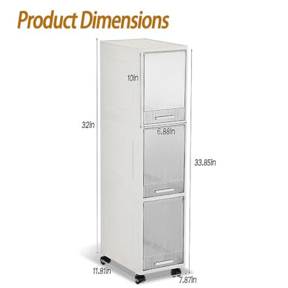 3 Drawer Slim Storage Organizer, Narrow Plastic Storage Drawer Cart with 4 Wheels, 3 Tier Space Saving Storage Tower Box, Narrow Storage Cart for Small Space Bedroom Bathroom Kitchen Pantry Office