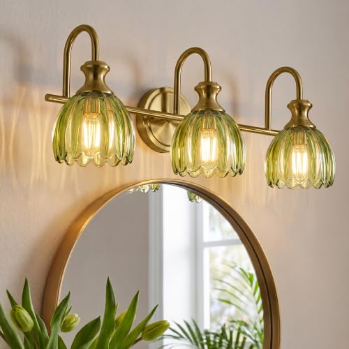 AUTELO 3-Light Gold Vintage Bathroom Light Fixtures Over Mirror, Green | 19.7 Inch Brass Vanity Lights with Ribbed Tulip Glass Shade, Modern Wall Sconces for Bathroom Bedroom Hallway Living Room - color: Green Glass & Brushed Gold, 19.69", size: 3 Light
