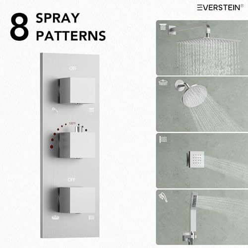 Wall Mount 12" High-Pressure Rainfall Shower Faucet, Dual Rainfall Shower Head System with 6 Body Jets (Brushed Nickel) | Wall Mount, High-Pressure, Dual Rainfall Shower Head System, 6 Body Jets - color: Brushed Nickel