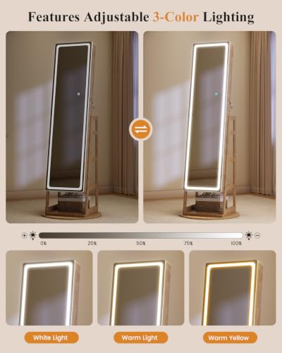Standing Jewelry Cabinet Mirror with Adjustable LED Light Wood | 63" Lockable Jewelry Armoire Organizer with 4 Rear Shelves & Hooks, 360° Swivel, for Bedroom, Living Room, Women Girls Gift - color: Wood 1