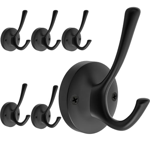 TOFIIGREM Black Wall Hooks, 6 Pack Coat Towel Hook Heavy Duty Metal Double Bath Robe Hook Wall Mounted, Hat Hooks for Cubicle Bathroom Kitchen Closet Garage - color: Black, size: 6 Pack
