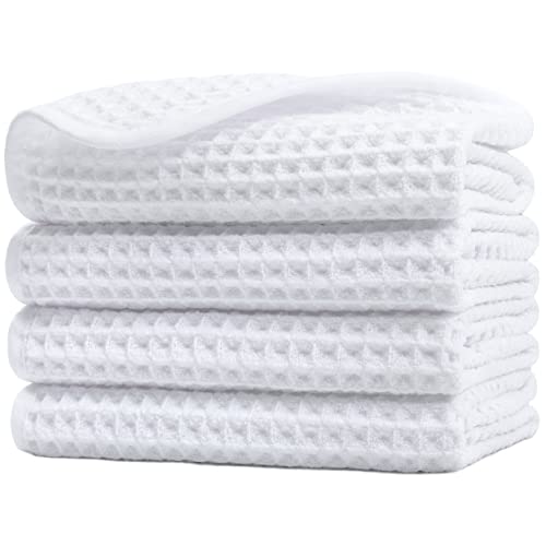 POLYTE 430 GSM Microfiber Lint Free Washcloth Face Towel, 13 x 13 in, 4 Pack (Waffle Weave) - color: White