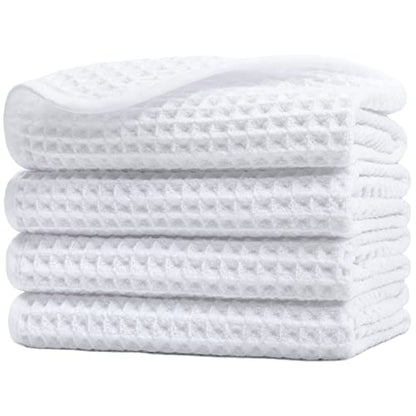 POLYTE 430 GSM Microfiber Lint Free Washcloth Face Towel, 13 x 13 in, 4 Pack (Waffle Weave) - color: White