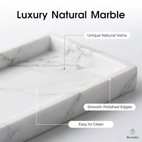 Natural Marble Tray Heavyweight Stone Vanity Tray for Bathroom Countertop, Coffee Table & Dresser - Handcrafted Rectangular Organizer (White, 9.84" x 4.72" x 1.18") - color: White