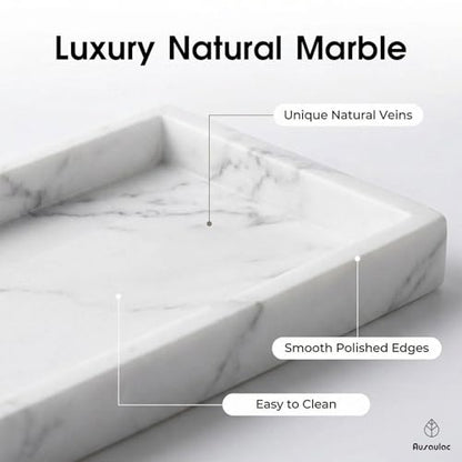 Natural Marble Tray Heavyweight Stone Vanity Tray for Bathroom Countertop, Coffee Table & Dresser - Handcrafted Rectangular Organizer (White, 9.84" x 4.72" x 1.18") - color: White