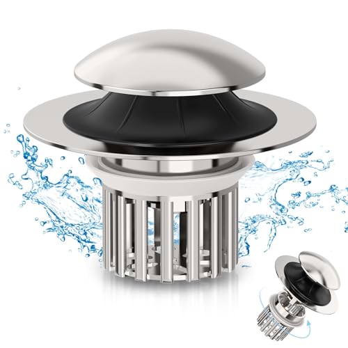 Universal 3 in 1 Bathroom Sink Drain Strainer,Pop Up Bathroom Sink Stopper with Removable Filter Basket,Sink Hair Catcher,Bathroom Drain Stopper Sink Plug for 1.1"-1.65" Basin Drain Holes - color: Brushed Nickel