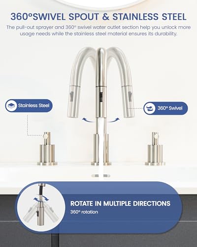 Widespread Bathroom Faucet 3 Hole, Bathroom Faucet with Pull Down Sprayer | Lead-Free, 8 Inch Bathroom Sink Faucet, Stainless Steel Vanity Faucet 3 Hole, Brushed Nickel Faucet for Bathroom Sink - color: Brushed Nickel, size: 8 Inch