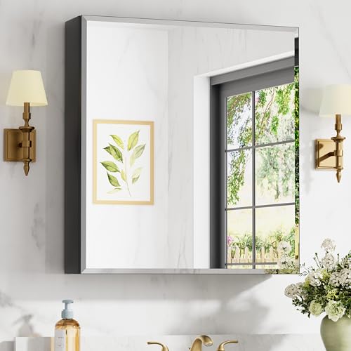 28 x 30 Inch Large Aluminum Medicine Cabinet with Beveled Mirror, Black | Soft-close Hinge, Oversized Beveled Edge Mirrored Door, Recessed or Surface Mount, Adjustable Glass Shelves - size: 28 in. x 30 in.