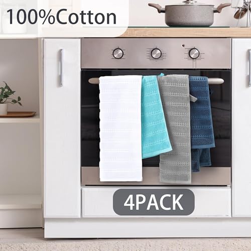 VOOVA & MOVAS Hand Towels 4PC,13"x30", 100% Cotton,White & Aqua | Waffle Weave Fabric, Soft Lightweight & Absorbing, Quick Dry & Non-fading, Unshrinkable - color: White + Aqua