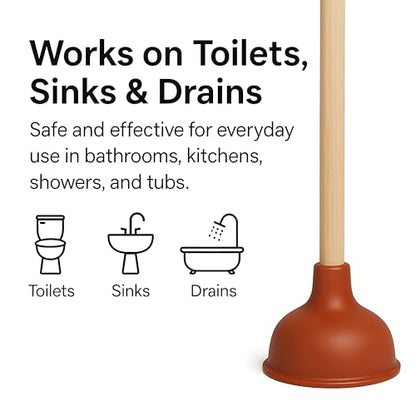 Bexter 19-Inch Toilet Plunger, Pack of 2 – Wooden Handle & Heavy-Duty Rubber Cup for Toilets, Sinks & Drains – Auburn